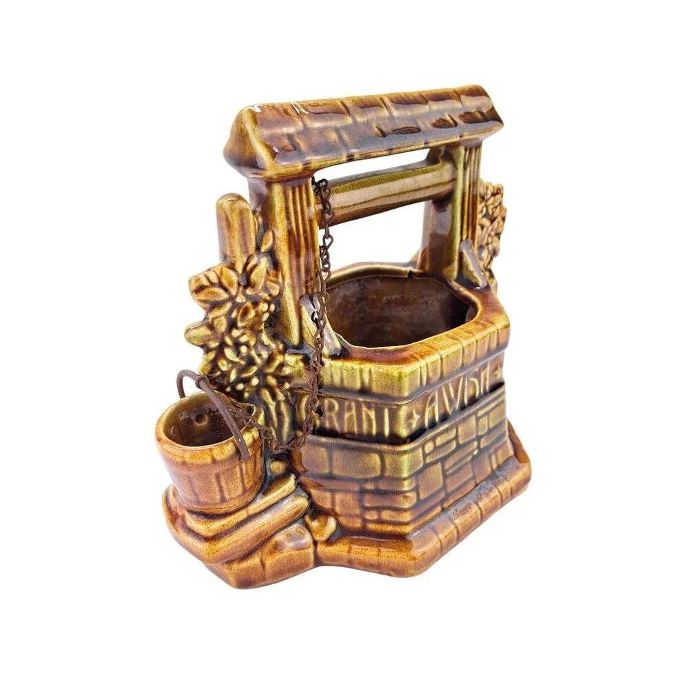 Vintage McCoy Pottery Wishing Well Planter Brown Green Pot Grant A Wish To Me